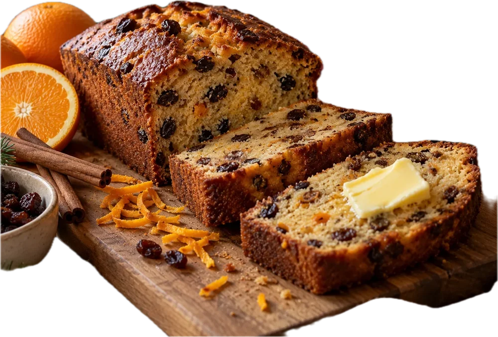 Kerstcake met rozijnen en sinaasappelschil, in plakken gesneden