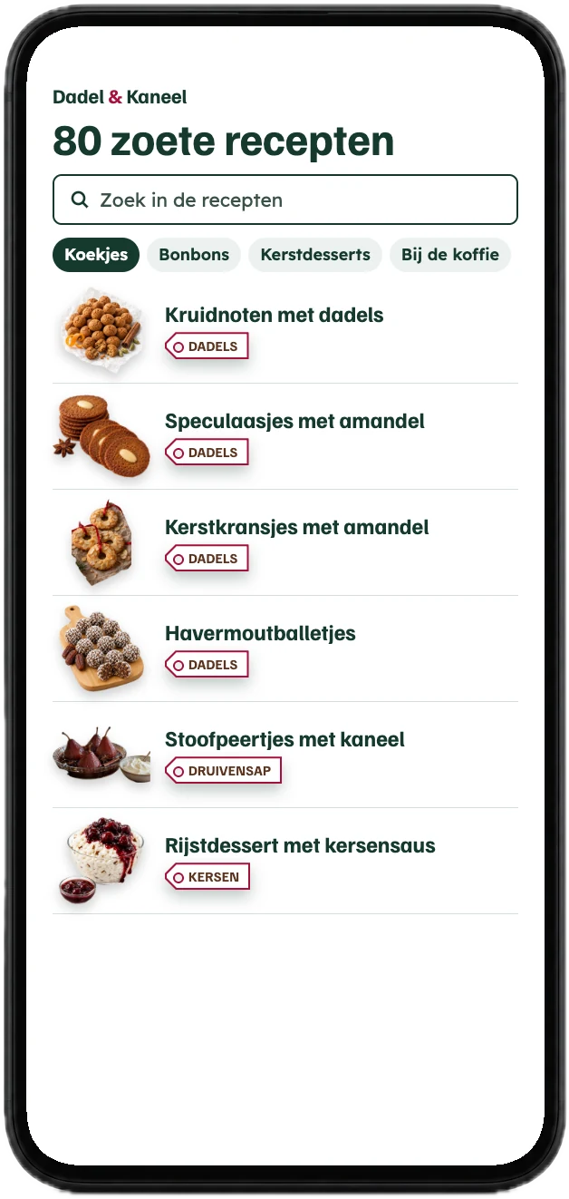 De app met de recepten, ingedeeld in koekjes, bonbons, kerstdesserts en bij de koffie