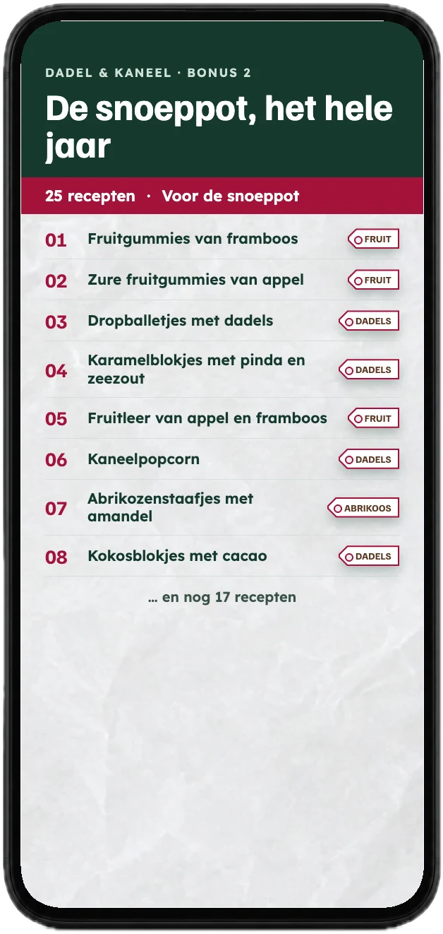 De inhoud met snoeprecepten uit de bonus, op een telefoon