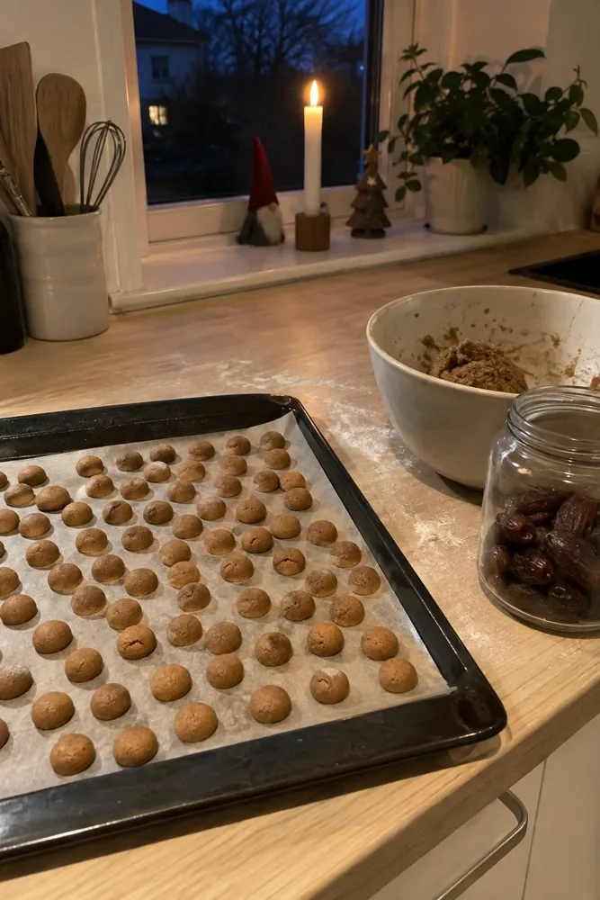 Bakplaat met net gebakken kruidnoten op het aanrecht, op een donkere novemberavond