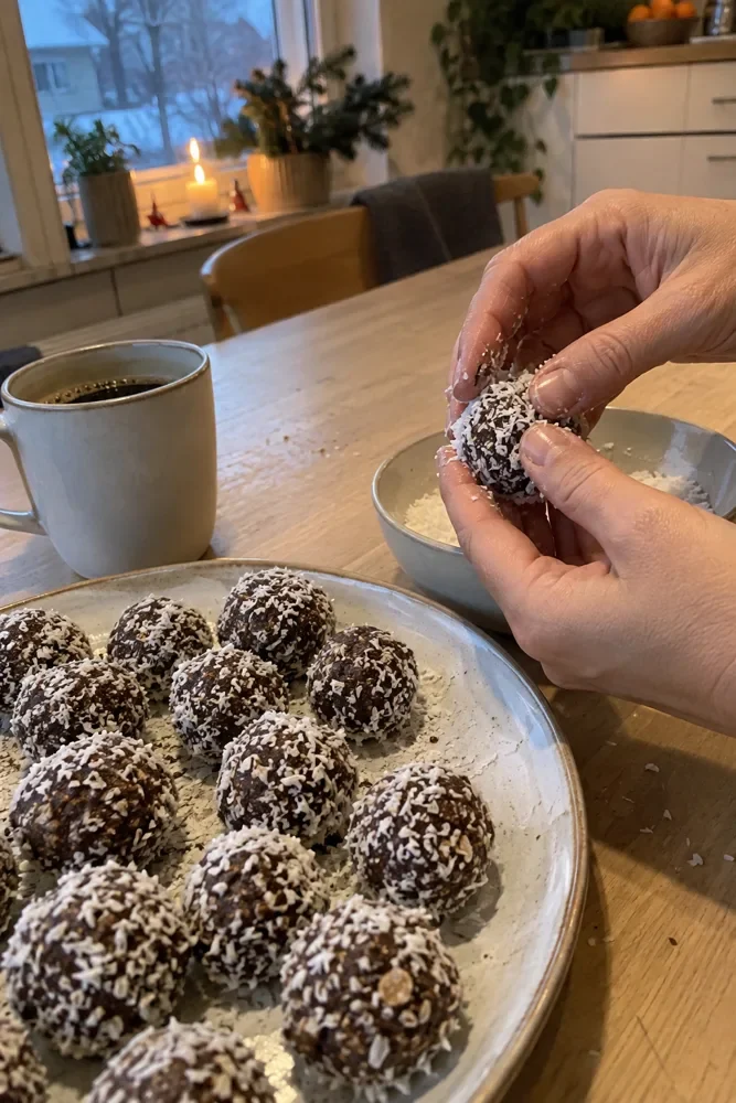 Handen die havermoutballetjes door kokos rollen